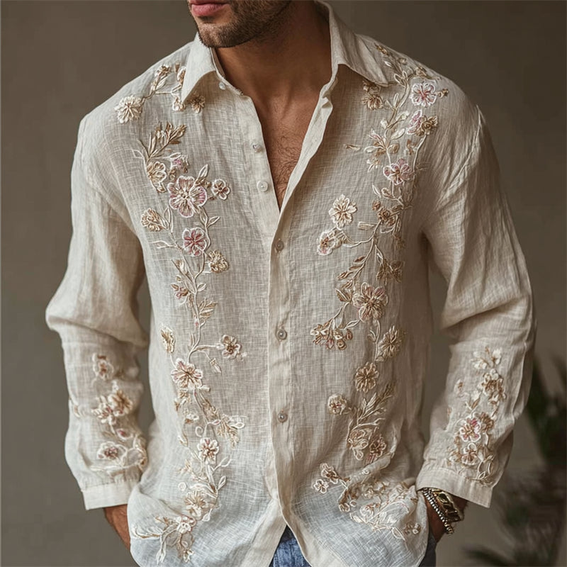 Men's Vintage Boho Floral Art Flowy Linen Shirt