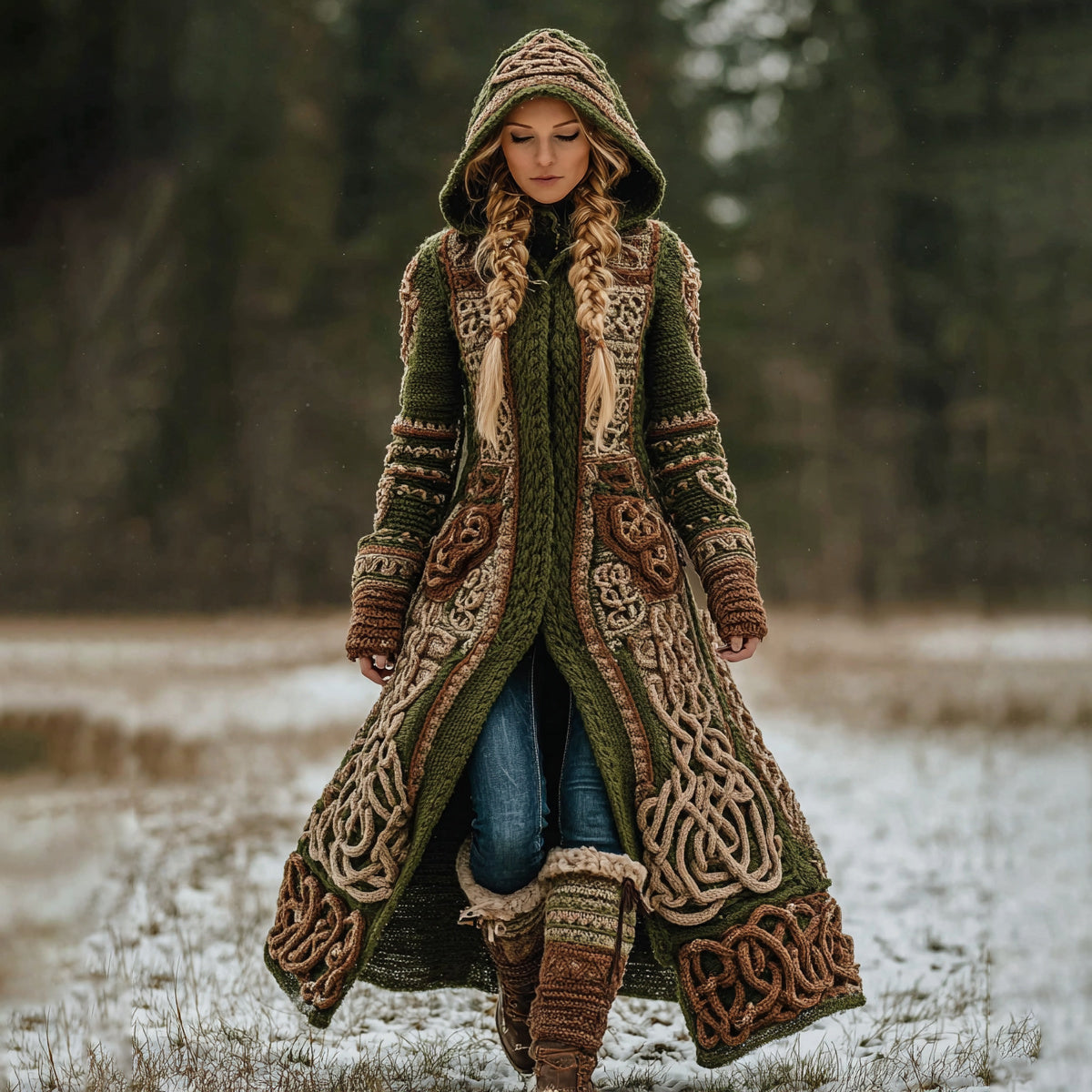 Women's Vintage Viking Celtic Knot Rune Contrast Knit Hooded Coat