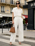 Casual Short Sleeves Loose Solid Color Lapel Collar Blouses&Shirts Tops