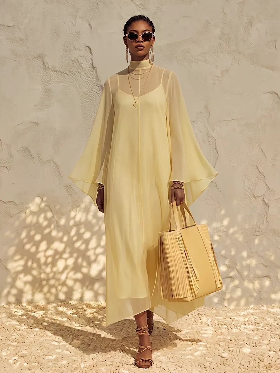 Women's Pale Yellow Sheer Chiffon Maxi Dress With Mock Neck Bell Flare Sleeves & Inner Slip Camisole, Minimalist Boho Resort Flowy Maxi Dress MDZ0287G2LYL