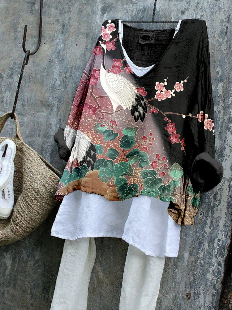 Japanese Cranes & Flowers Linen Blend Cozy Tunic