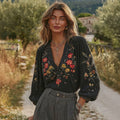 Women's Floral Pattern Linen V-neck T-shirt