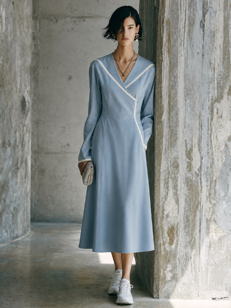 Women's Casual Commuting Light Blue Cotton Blend Wrap V Neck Contrast Trim Waisted Long Sleeve Midi Dress MDZ1528G0GMJ