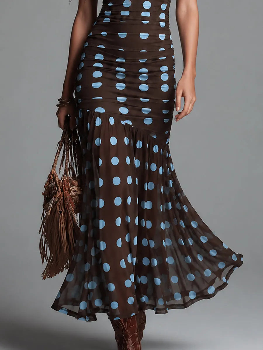 Elegant Halter-neck Polka-dot Mesh Mermaid Maxi Dress