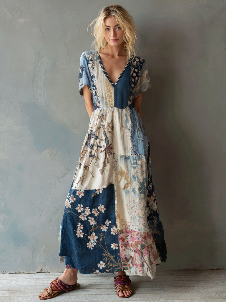Women's Japanese Cherry Blossom Pattern Linen V-neck Dress