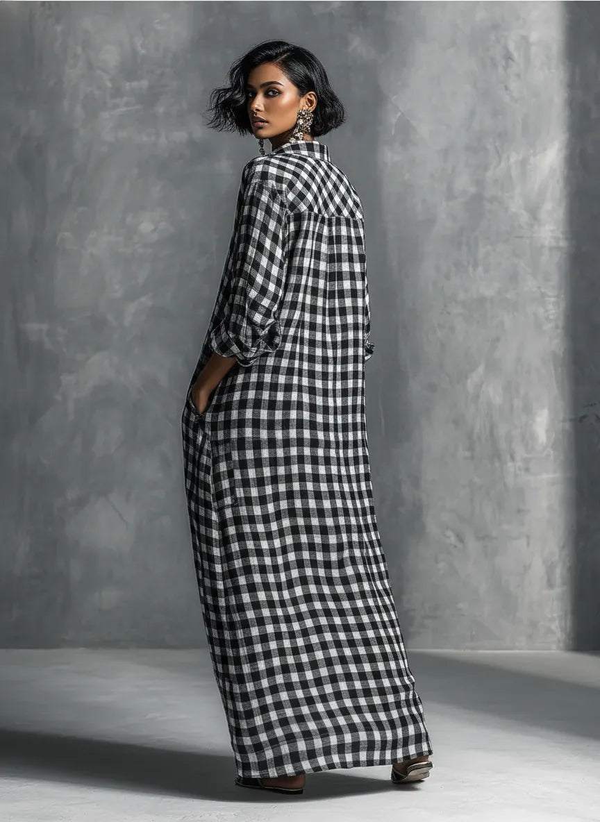 Women's Casual Black And White Checkered Shirt-style Long Dress MDZ0924B4BA