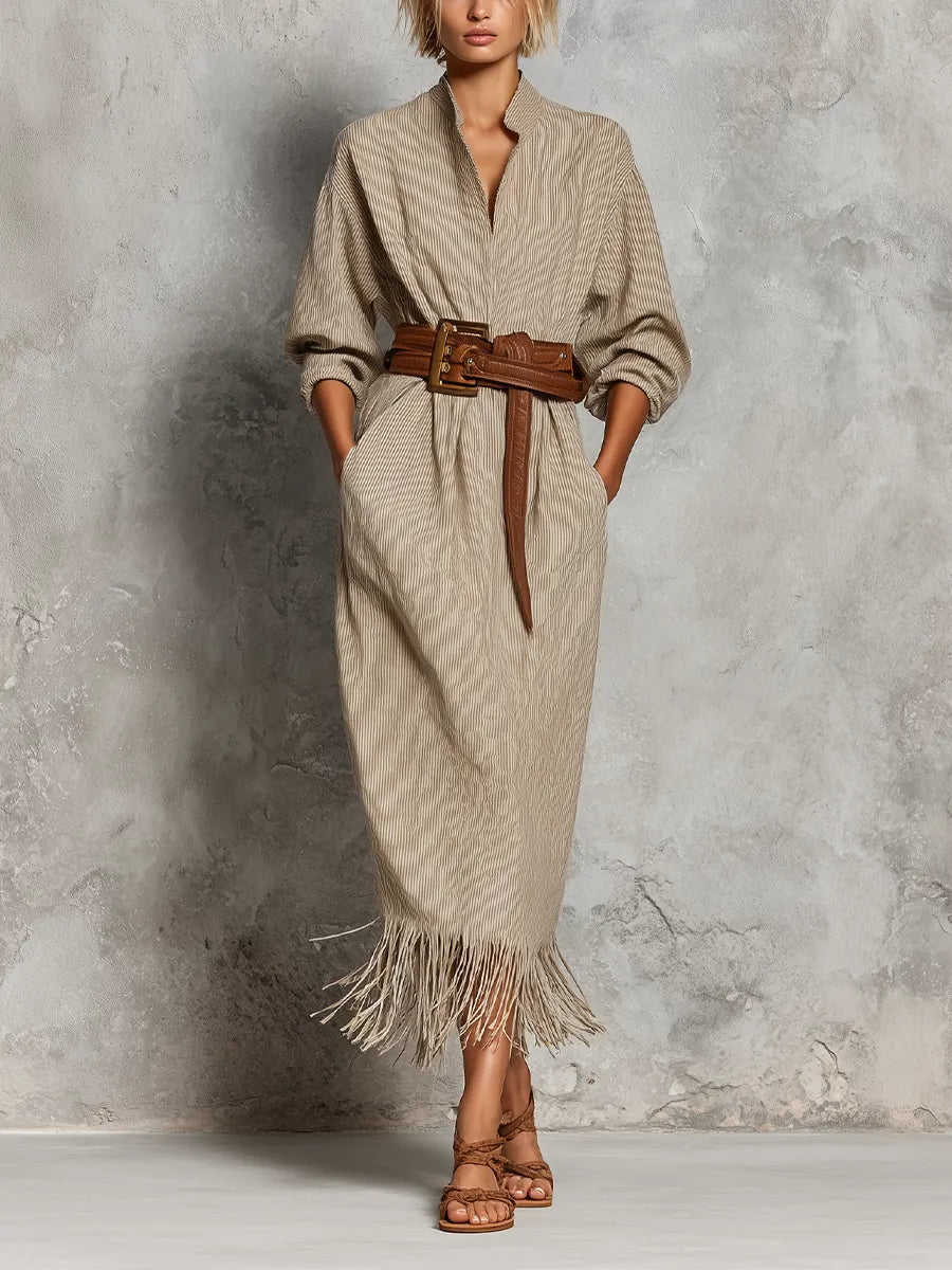 Women’s Beige Fine Vertical Stripe Linen Stand Collar Half Placket Roll Up Sleeve Fringe Hem Midi Shirt Dress With Side Pockets (Belt Not Included) MDZ0274G0T