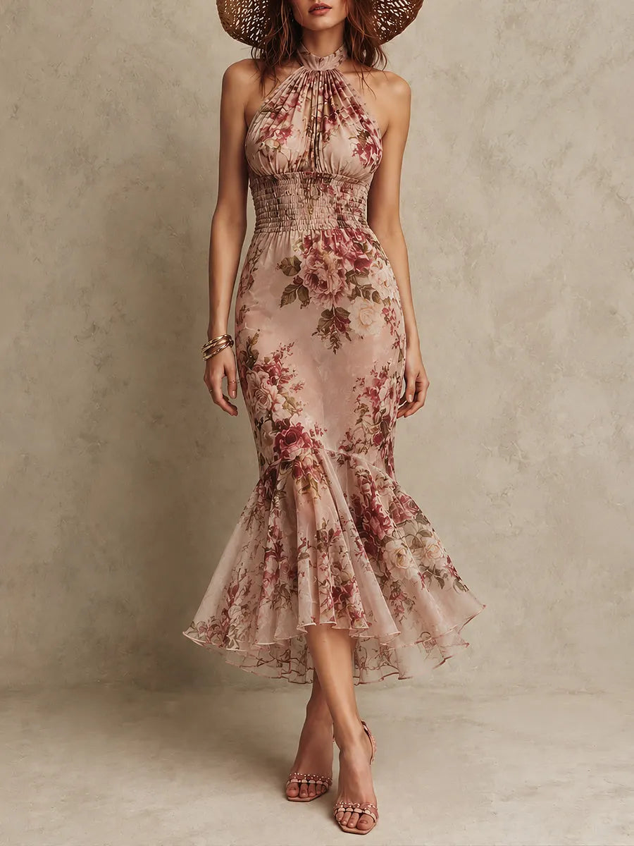 Retro Stand-Collar Shirred-Waist Fishtail Chiffon Printed Maxi Dress