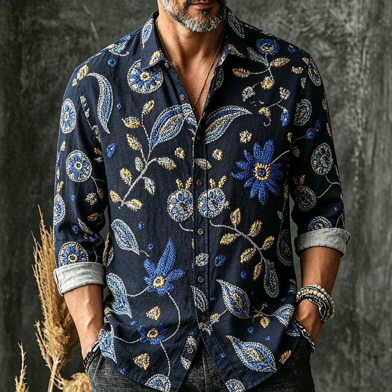Men's Retro Floral And Leaf Embroidered Pattern Cotton Linen Long-sleeve T-shirt