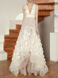 Sleeveless V-Neck Embroidered Ruffled A-Line Wedding Maxi Dress