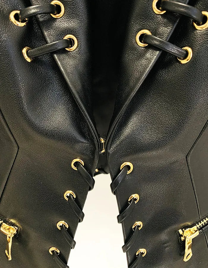 Long Sleeve Lace Up Faux Leather Jacket Black