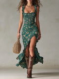 Boho Retro Ruffled Sleeves High Slit Maxi Dress