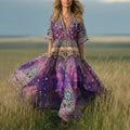Women's Retro Bohemian Ethnic Floral Print V-neck Short Sleeve Midi Dress