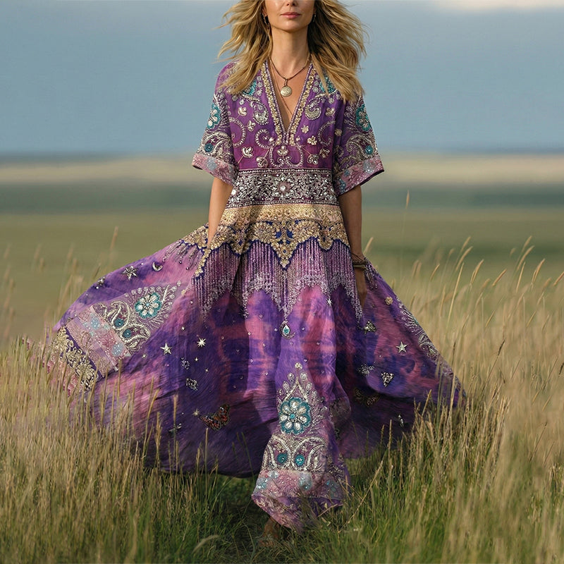 Women's Retro Bohemian Ethnic Floral Print V-neck Short Sleeve Midi Dress