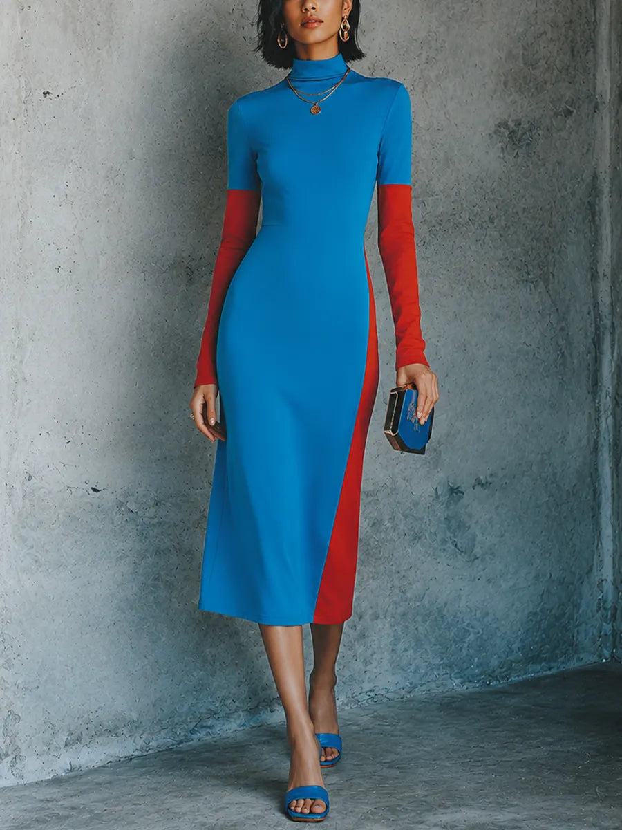 Women's Trendy Bright Blue Spliced Red Cotton Blend Turtleneck Color Block Slim Midi Dress MDZ1520G7GMJ
