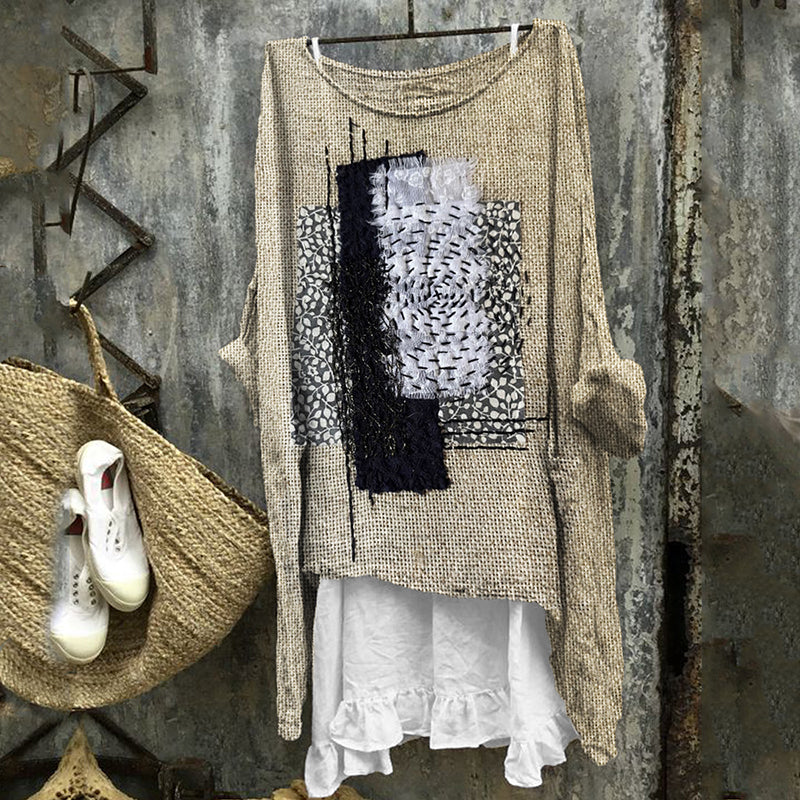 Frayed Patch Japanese Sashiko Art Linen Blend Tunic