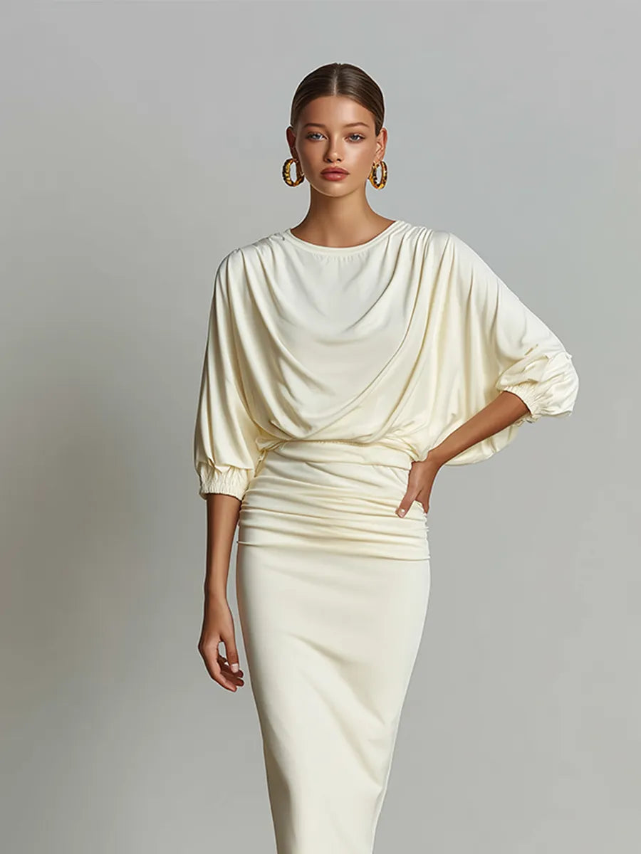 Women's Solid Off White Cotton-Blend Co-Ord With Elastic Cuff Three Quarter Sleeve Top & Bodycon Ruched Waist Midi Skirt, Chic Formal Evening Two-Piece Set MDZ1644G4LYL