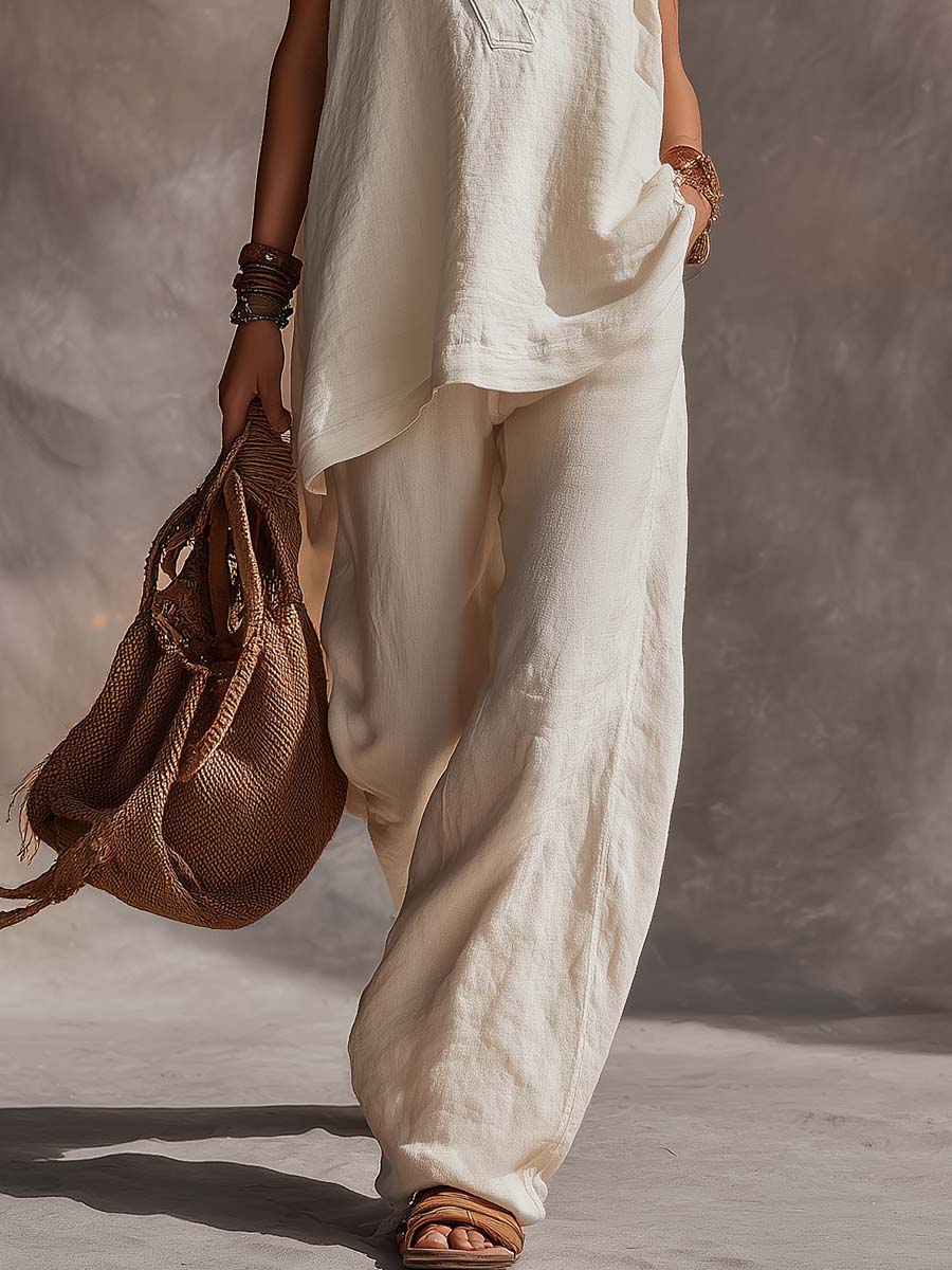 Casual Simple Bohemian V-Neck Off White Cotton-Linen Top And Pants Set