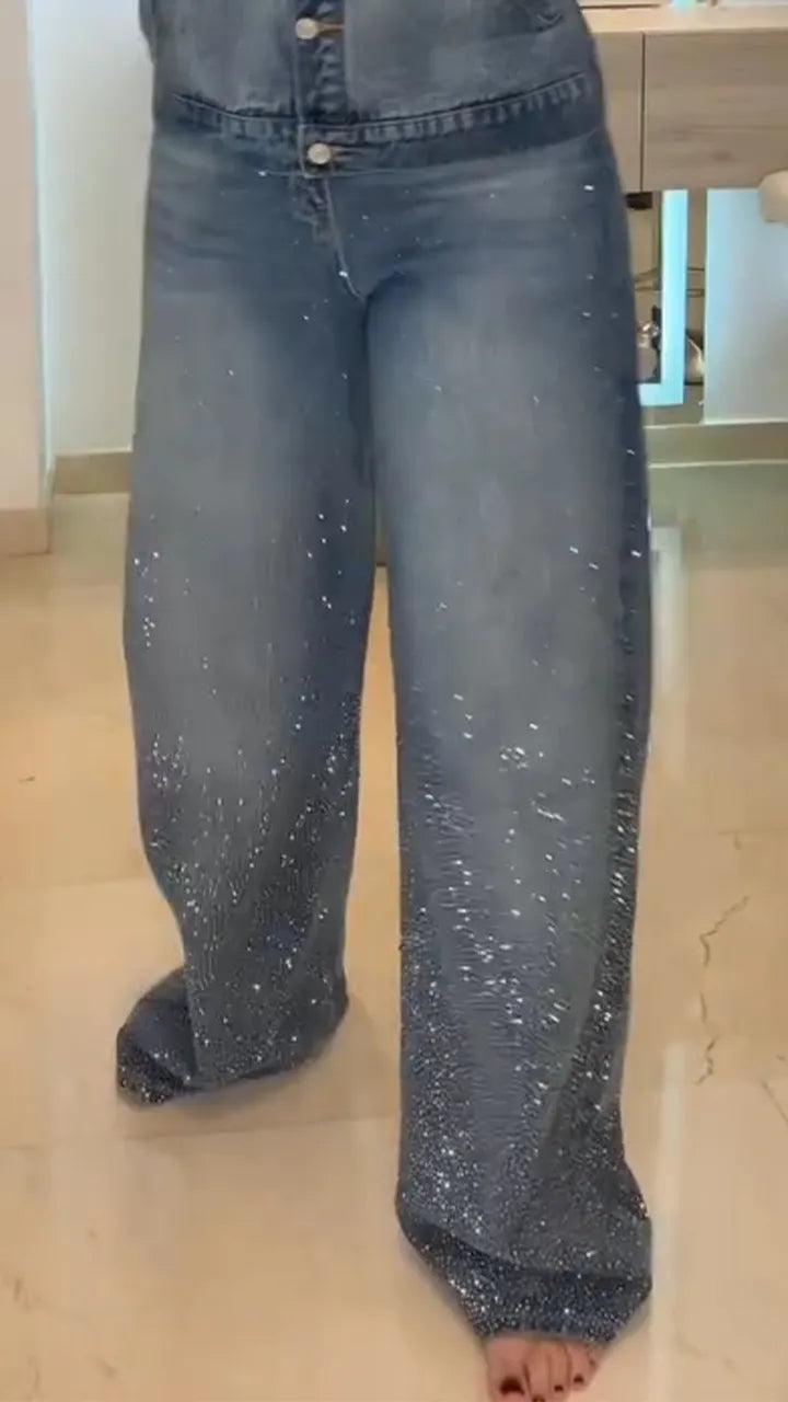 Women Lapl Collar Top+ Rhinestone Pants Casual Denim Suit