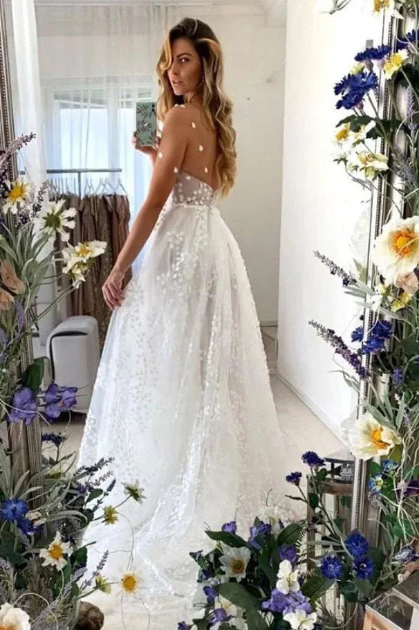 Floral V Neck Split Long Boho Wedding Dress With Slit