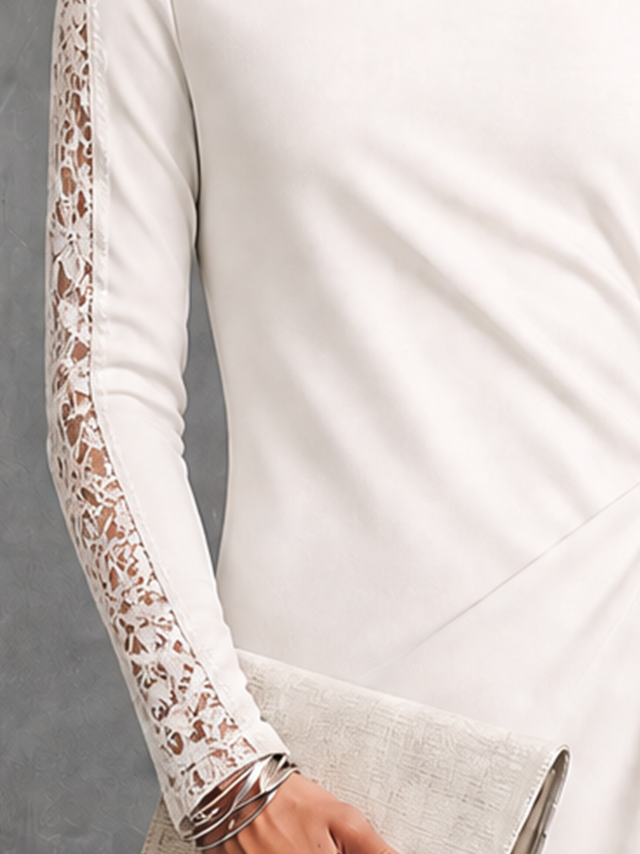 Women's Elegant Ivory Knit Cotton Blend Lace Sleeve Ruched Waist Maxi Dress MDZ2432G5GMJ