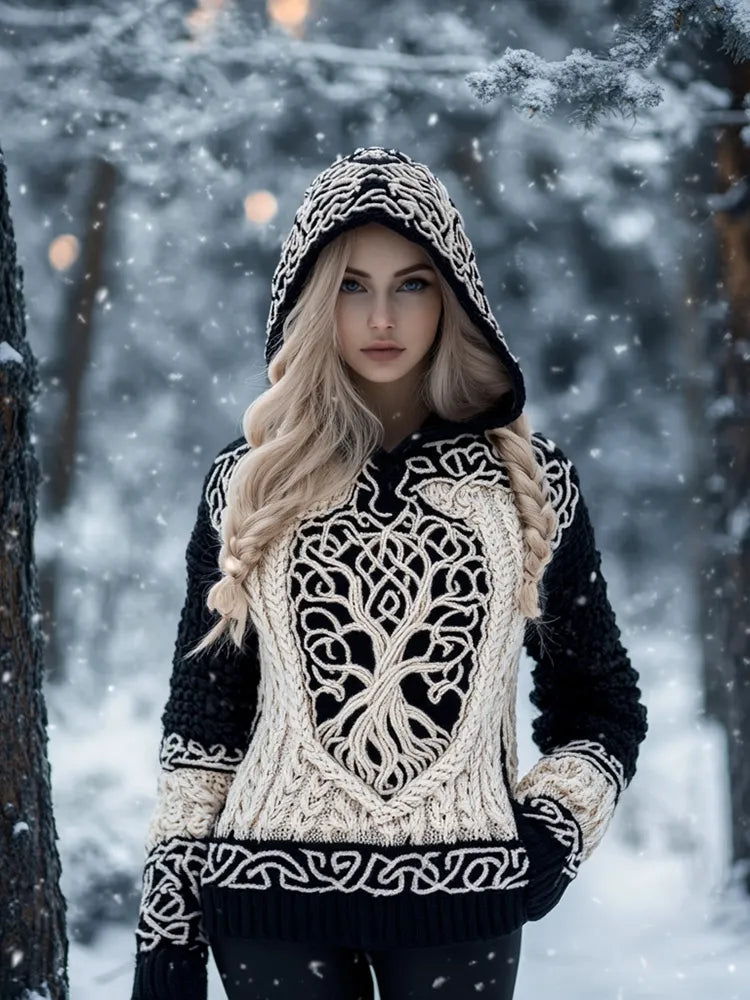 Women's Viking Tree Of Life Jacquard Cozy Knit Hooded Sweater