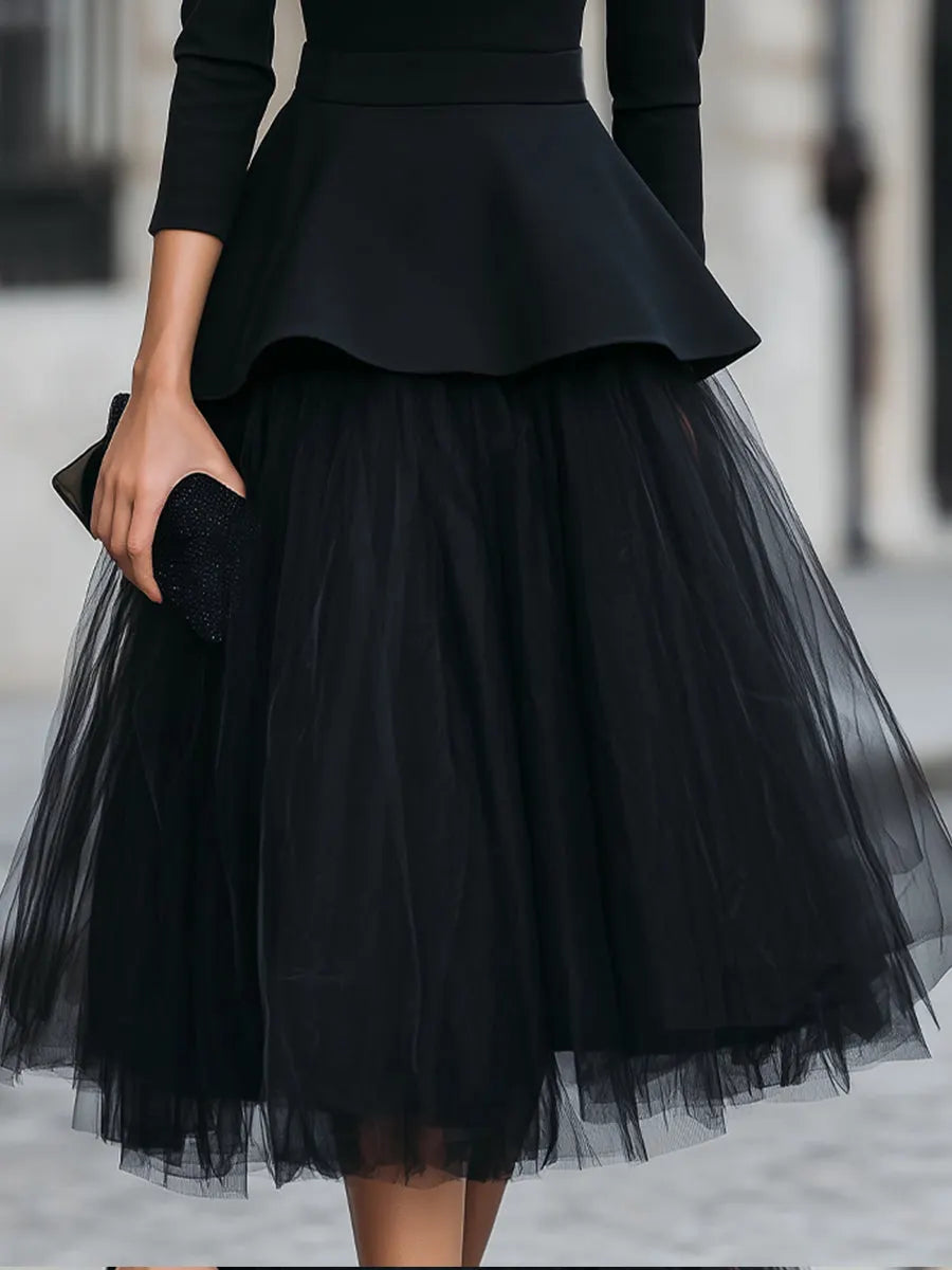 Layered Tulle Peplum Midi Skirt