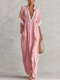 Blush Pink Linen Blend Patchwork Maxi Dress With Deep V-Neck