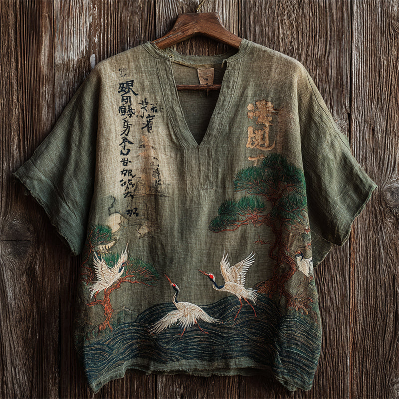Japanese Calligraphy Cranes & Pine Trees Sea Waves Linen Shirt