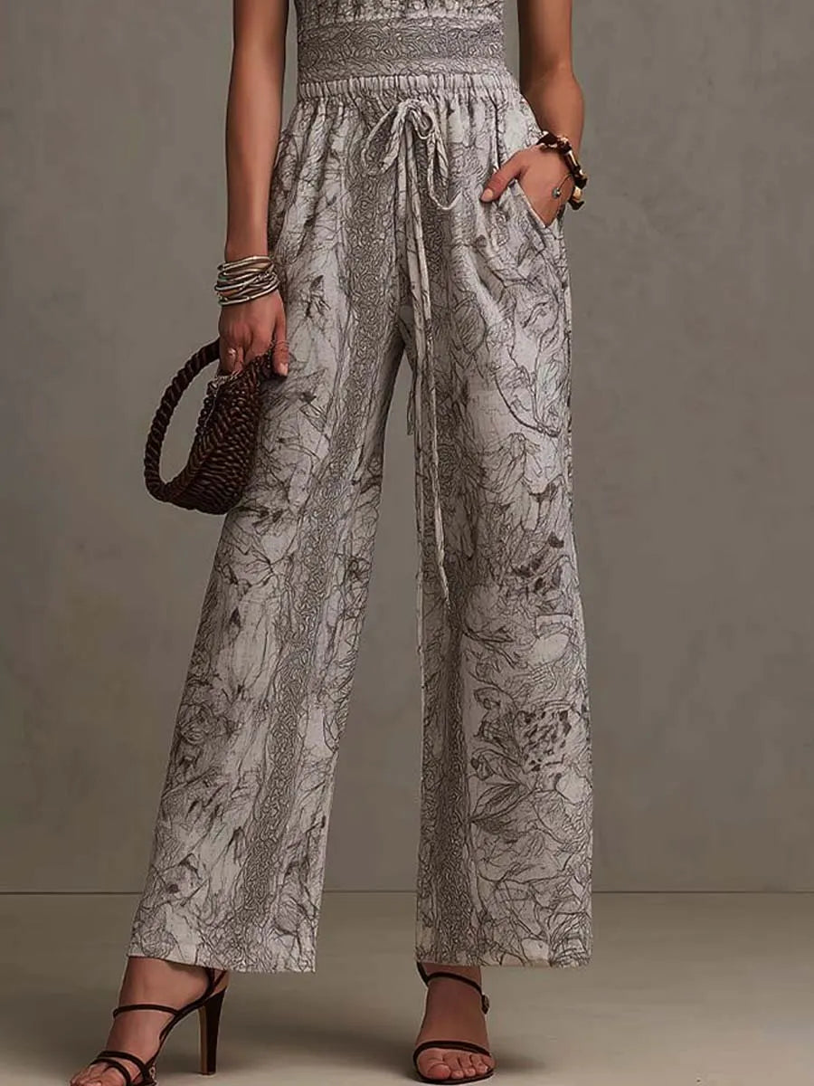 Off-White Sketch Print Cotton-Blend Halter Smocked-Waist Wide-Leg Jumpsuit
