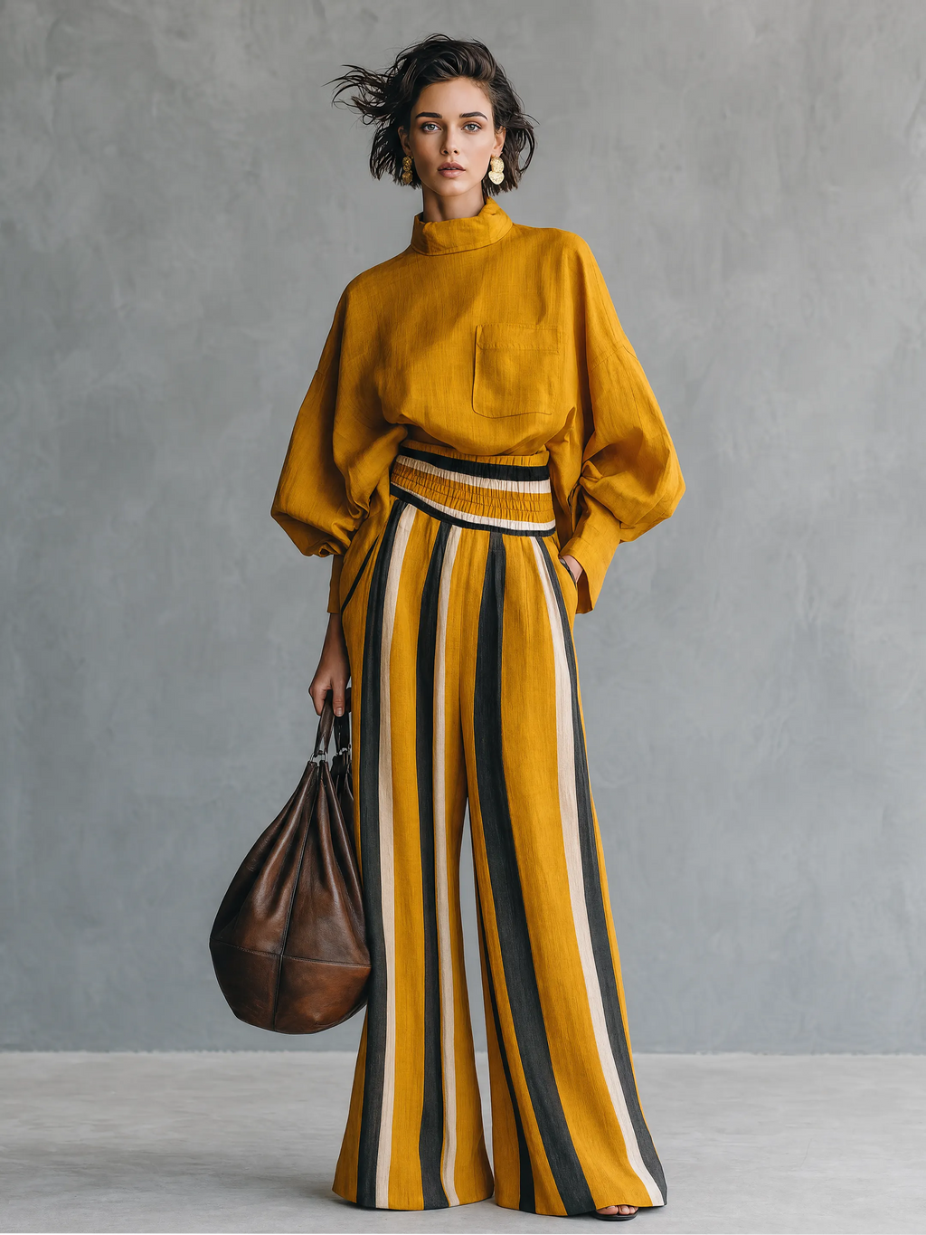 Women's Minimalist Striped Color-Block Print Wide-Leg Trousers MDZ0839G1WY