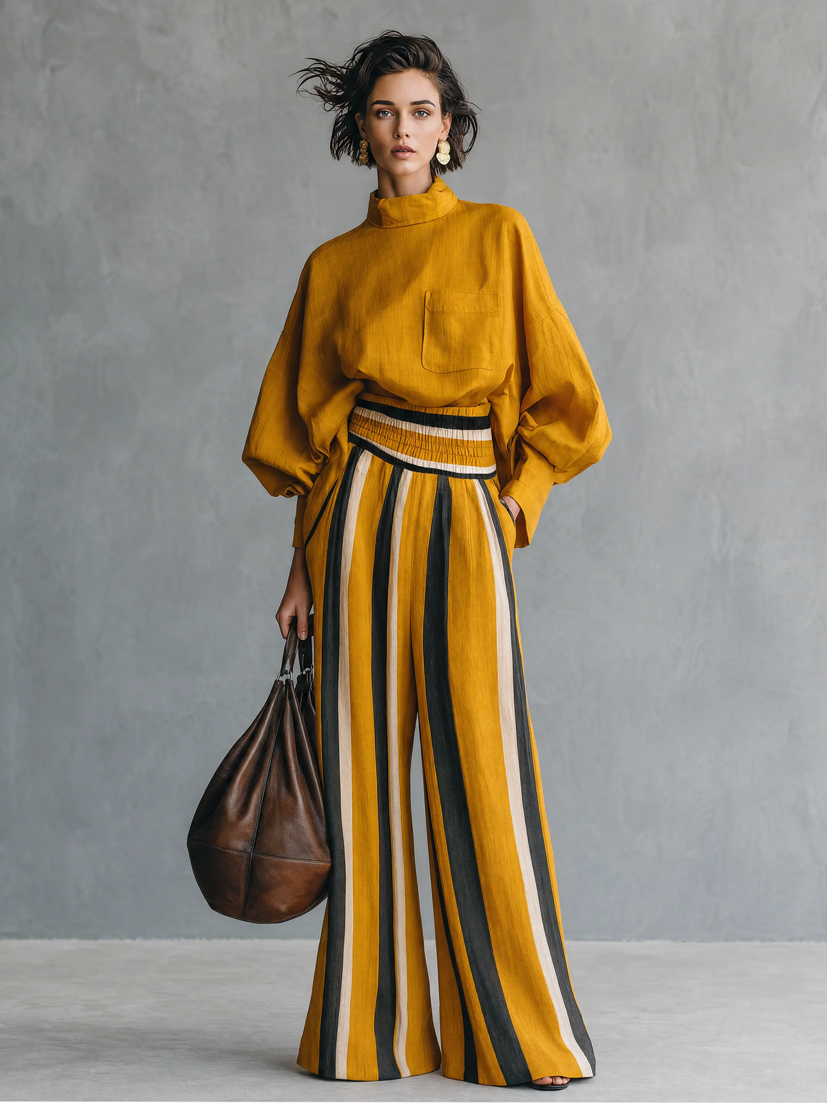 Women's Minimalist Linen-Blend Mock-Neck Lantern-Sleeve Blouse And Striped Print Trouser Set MDZ0824G8WY