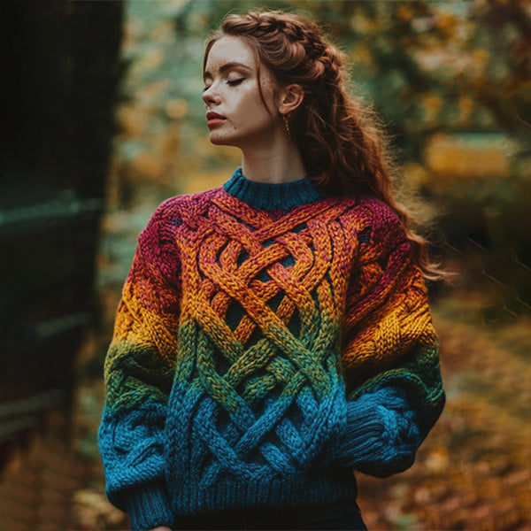 Women's Irish Rainbow Pattern Jacquard Pocket Cozy Sweater