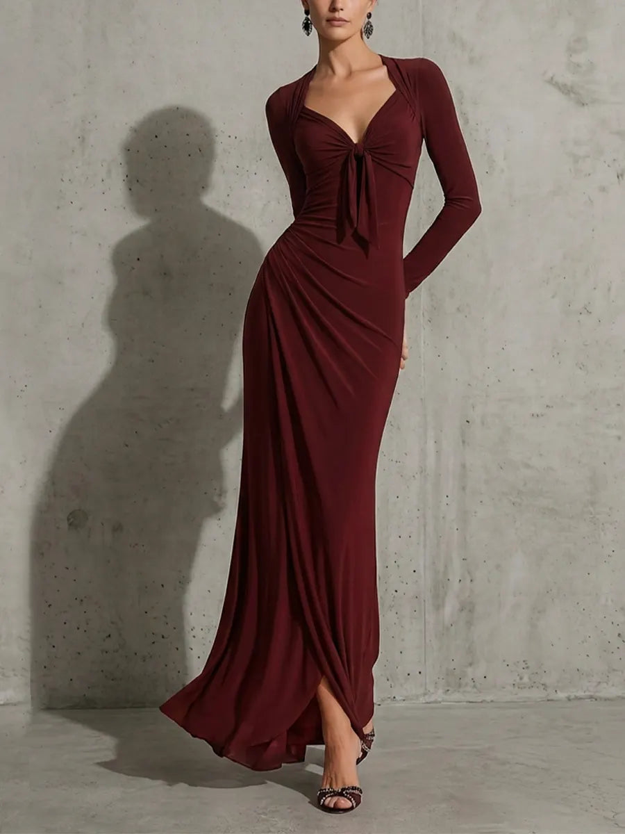 Women's Burgundy Soft Jersey Maxi Dress With Front Tie V Neck & Draped Wrap Skirt, Sexy Bodycon Evening Floor Length Gown MDZ1544G2LYL