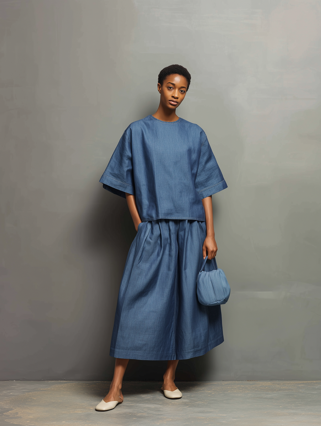 Women's Casual Denim Blue Loose-fitting Long-sleeved Round-neck Top Paired With A Skirt
