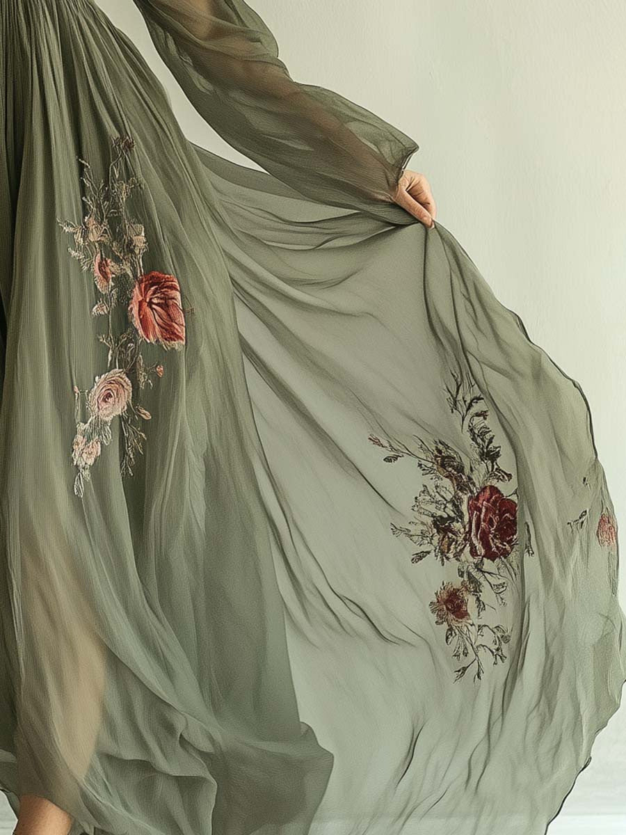 Vintage 3D Floral Print Maxi Dress - Elegant V-Neck Long Sleeve Boho Garden Party Gown