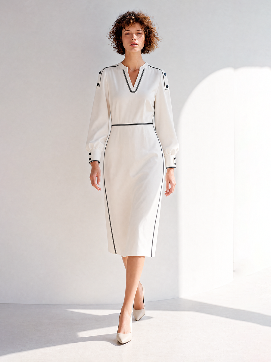 Women's Elegant Refined White Contrast-Piping V-Neck Long-Sleeve Belted Midi Dress MDZ2222G7CMX
