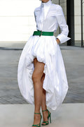 Women's Urban Minimalist Shirt Collar Without Waistband Long Skirt With Cross Collar Shirt