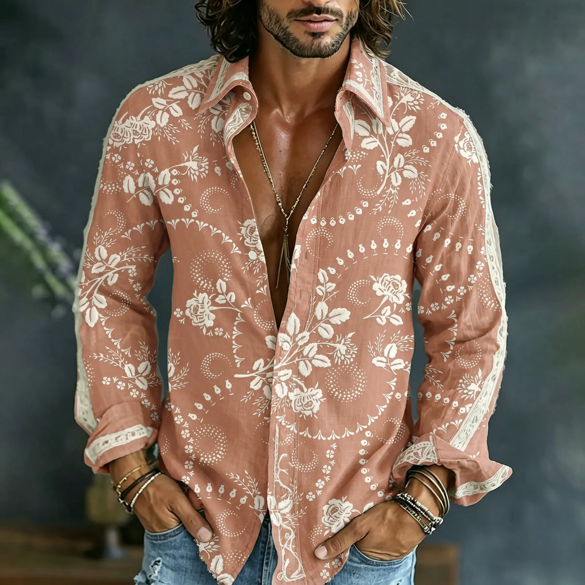 Men's Vintage Floral Art Print Flowy Linen Blend Shirt