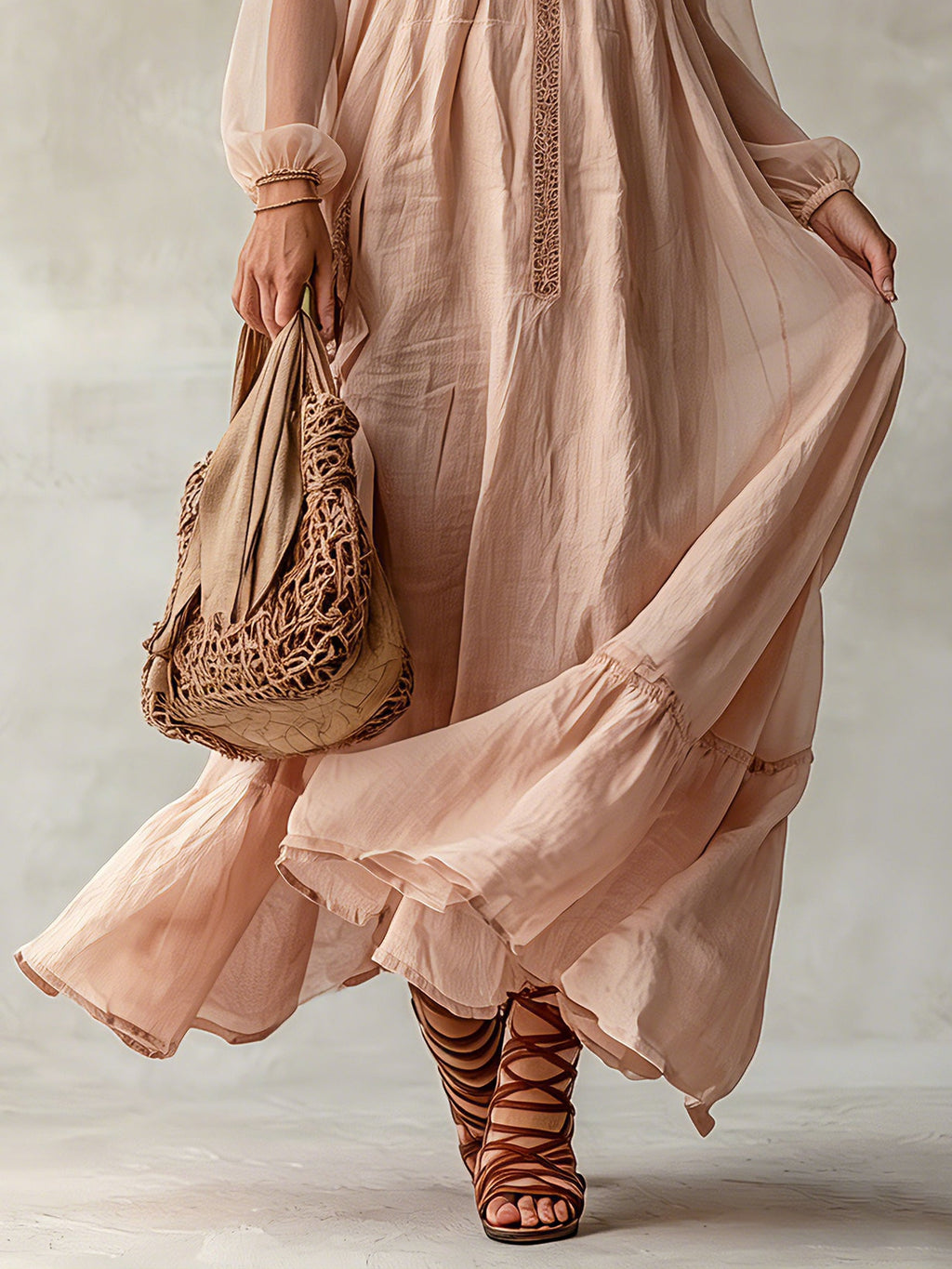 Pink Linen Long Sleeve Maxi Dress