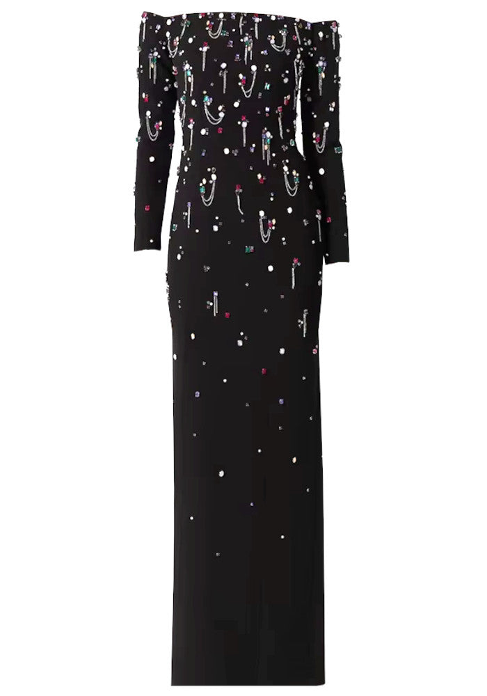 Long Sleeve Crystal Chain Maxi Dress Black