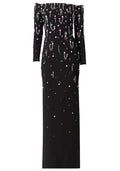 Long Sleeve Crystal Chain Maxi Dress Black