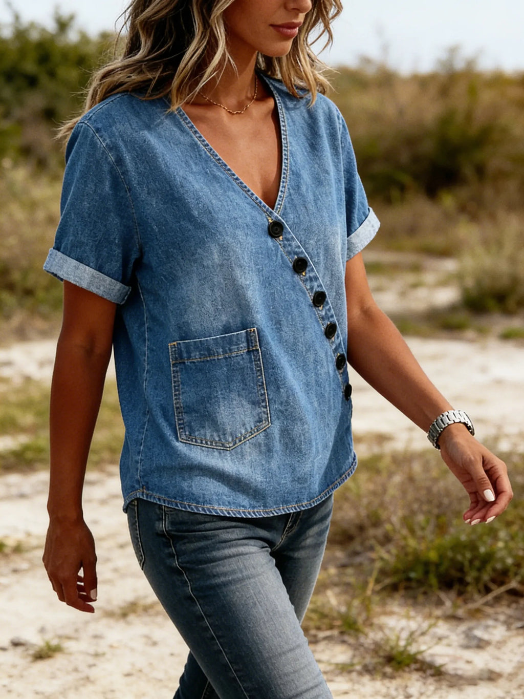 Casual Button-down V-neck Denim Shirt