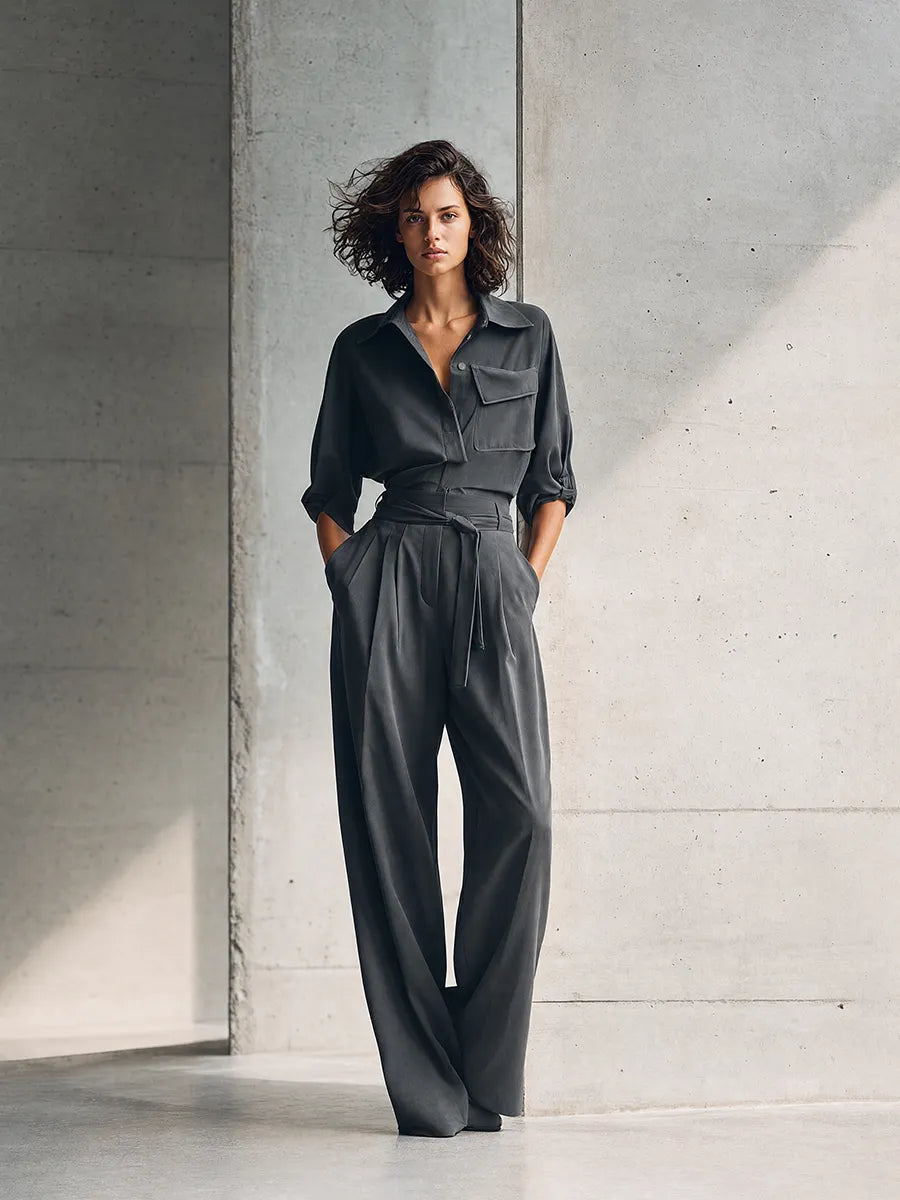 Women's Minimalist Workwear Charcoal Grey Collared Single-Pocket Shirt & High-Waisted Belted Wide-Leg Pants Set MDZ0992G0CMX
