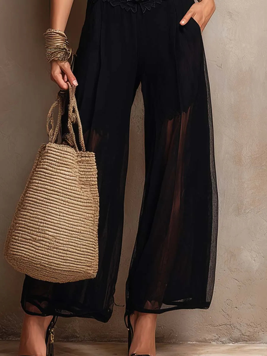 Retro Stand-Collar Lace Chiffon Jumpsuit