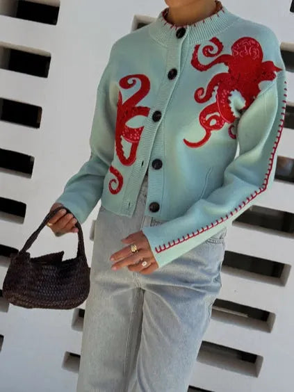 Fun Octopus Pattern Knitted Cardigan