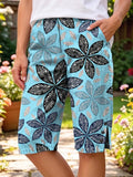Ethnic Geometry Totem Flowers Women's Art Print Casual Cotton Denim Pants