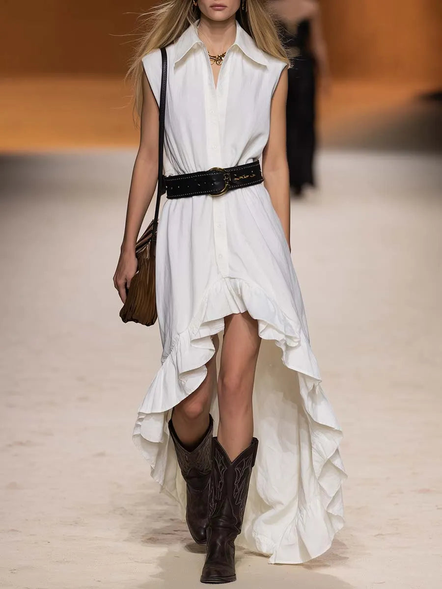 Retro Western White Cotton High-Low Ruffled Hem Shirt Maxi Dress