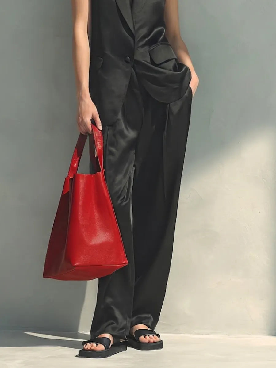 Women's Elegant Black Satin Two-Piece Set — Sleeveless Deep V Tuxedo Vest & High-Waisted Wide-Leg Trousers MDZ0678G9O