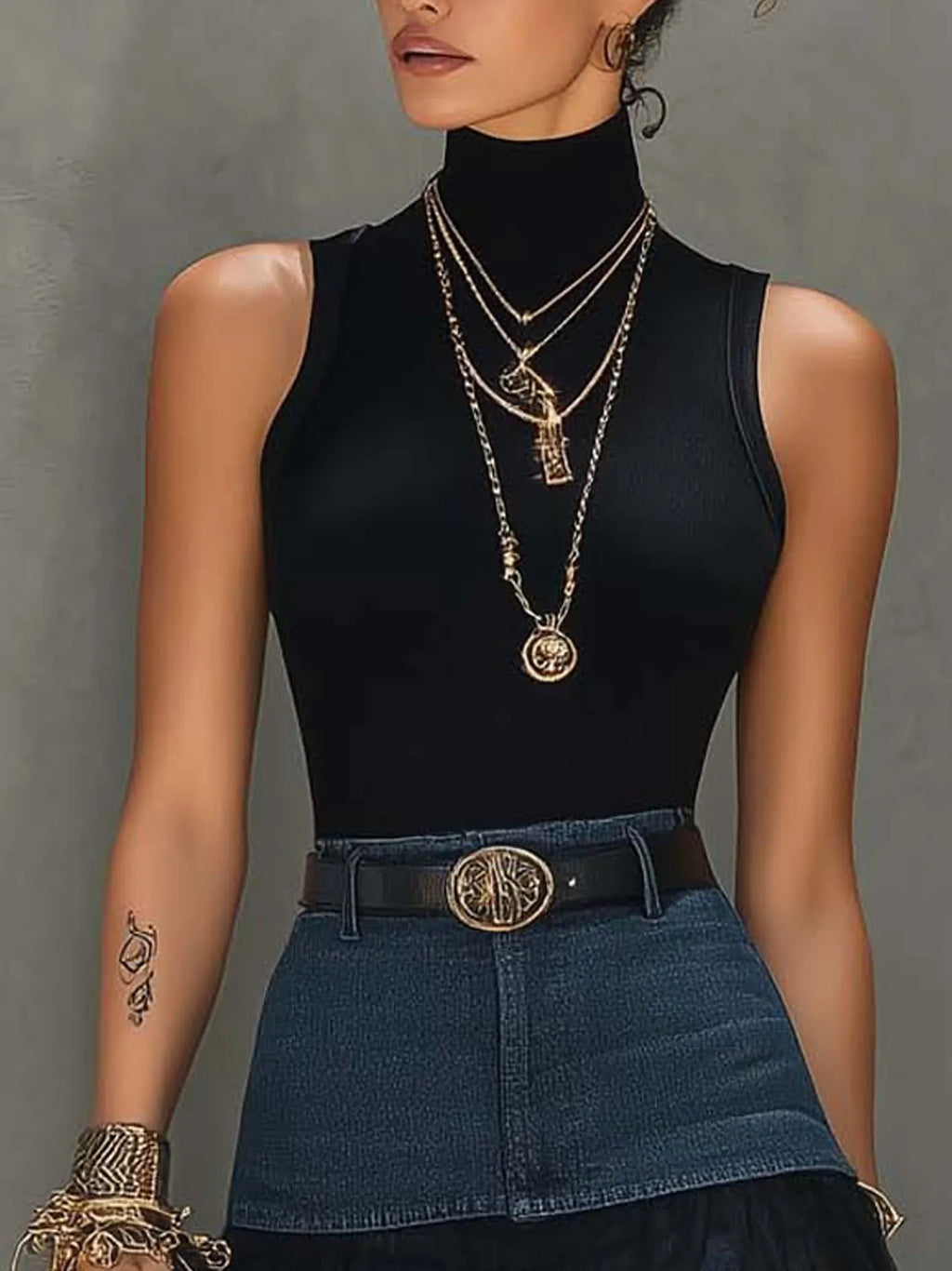 24-Hour-Shipping Black Denim Patchwork T-Shirt And Mesh Maxi Skirt Set With Side Slit